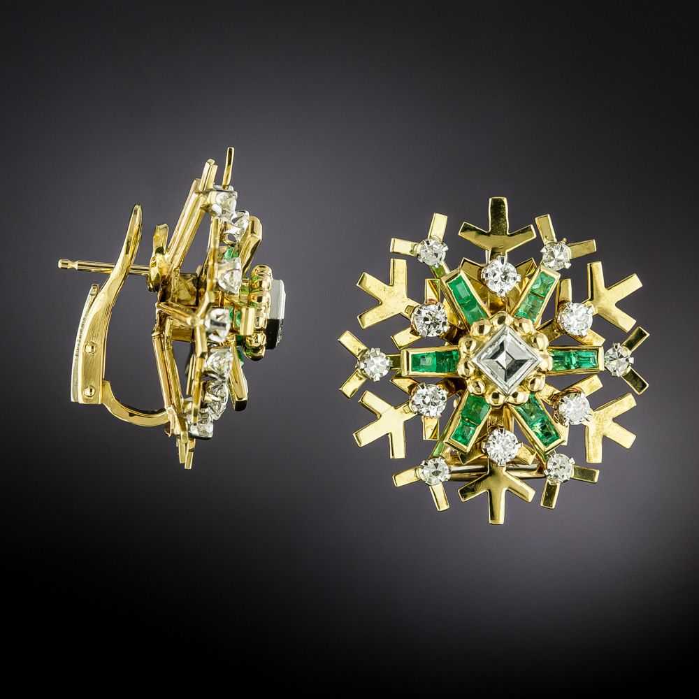 Vintage Snowflake Emerald and Diamond Earrings - image 2