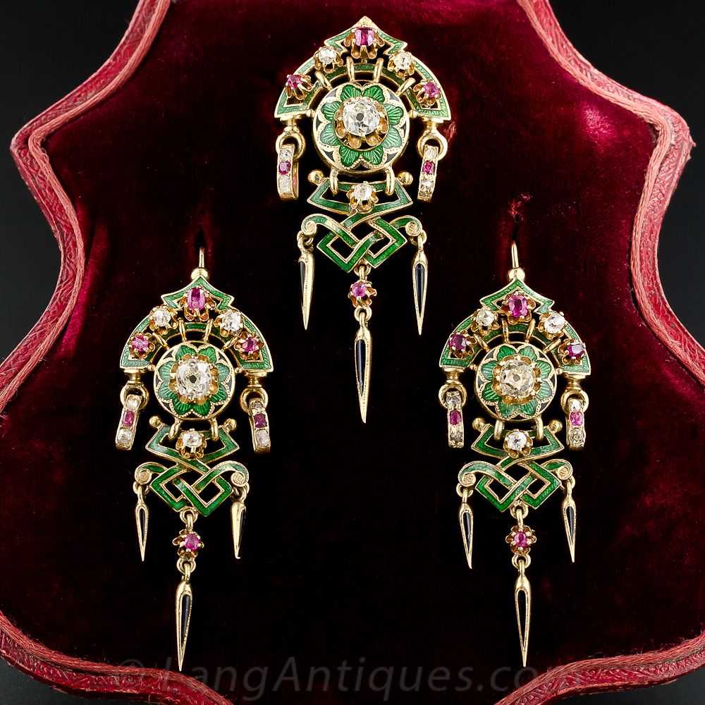 Antique French Diamond, Ruby and Enamel Suite, Ci… - image 1