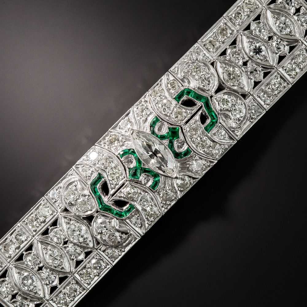 Art Deco Platinum Diamond Emerald Green Glass Bra… - image 1
