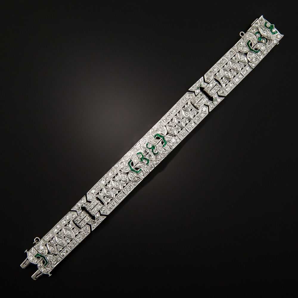 Art Deco Platinum Diamond Emerald Green Glass Bra… - image 2