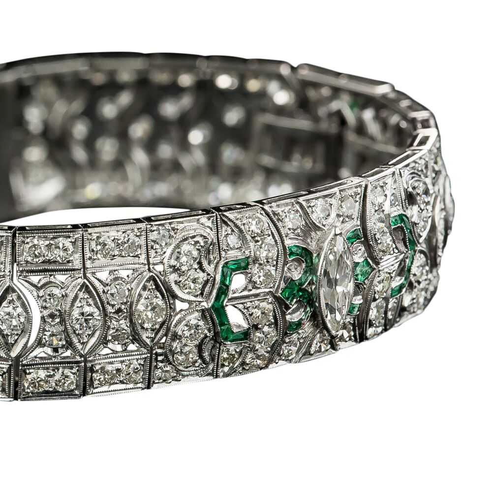 Art Deco Platinum Diamond Emerald Green Glass Bra… - image 4