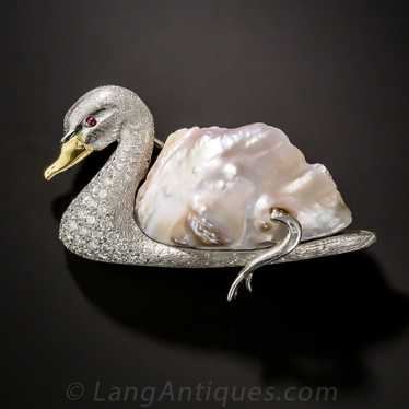 Baroque Pearl and Diamond Swan Brooch