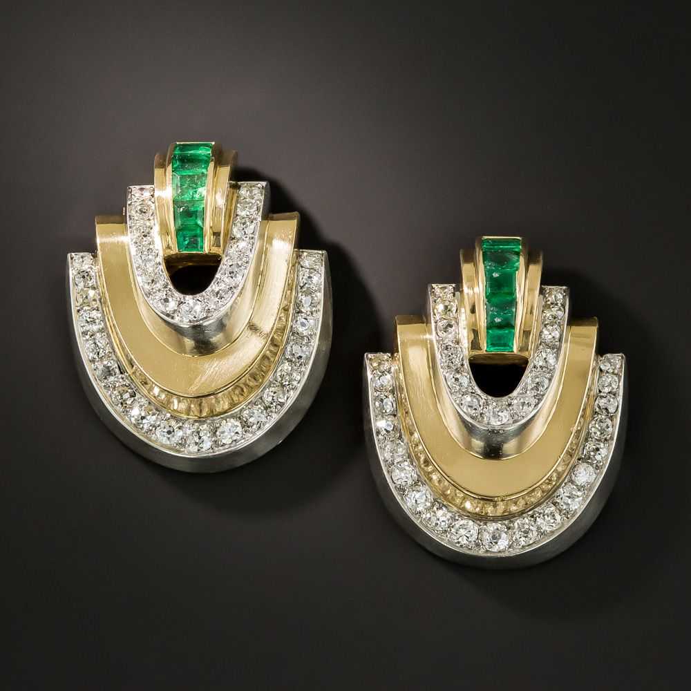 Art Deco Emerald and Diamond Twin Clips - image 1