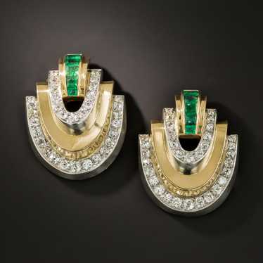 Art Deco Emerald and Diamond Twin Clips