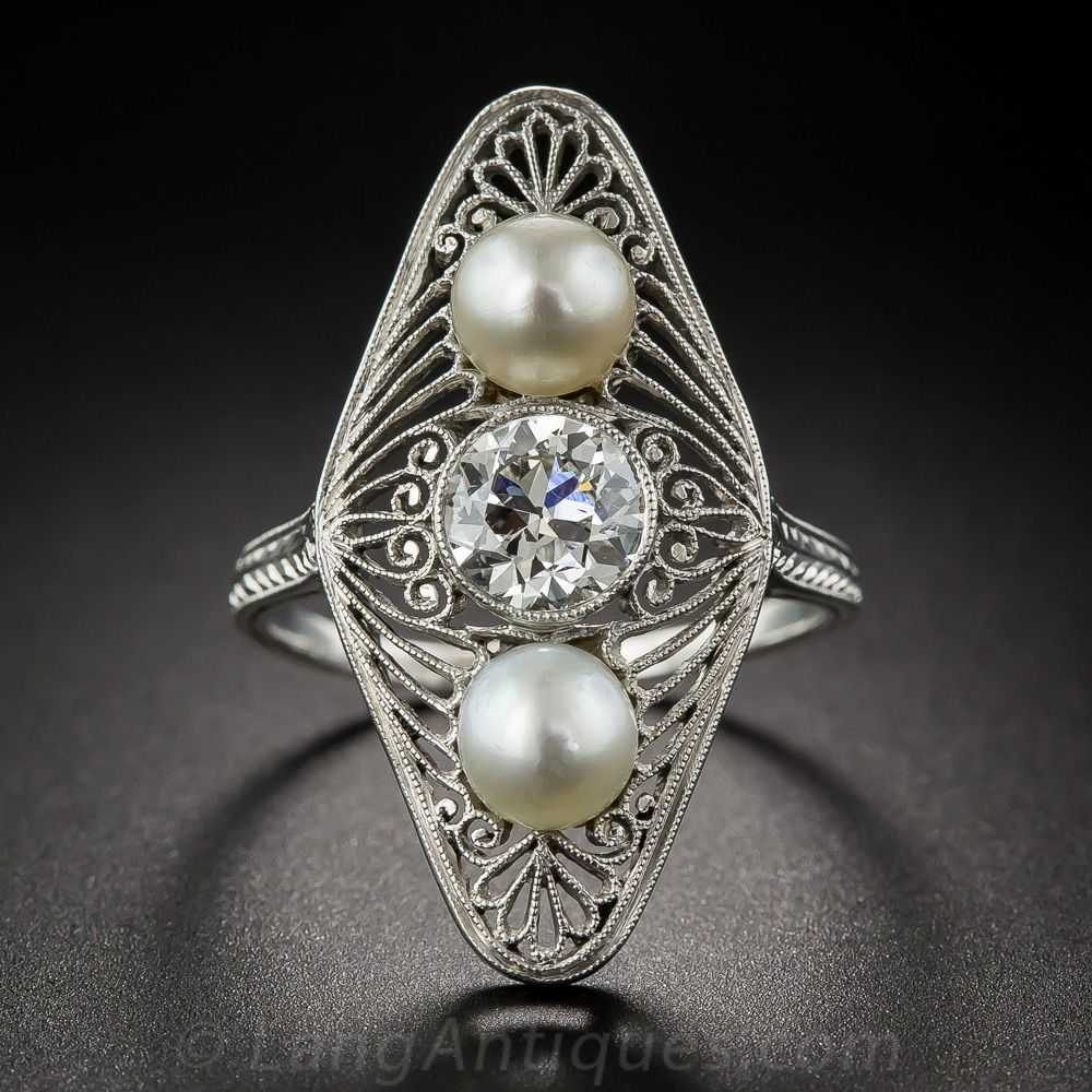 Edwardian Diamond and Natural Pearl Dinner Ring - image 1