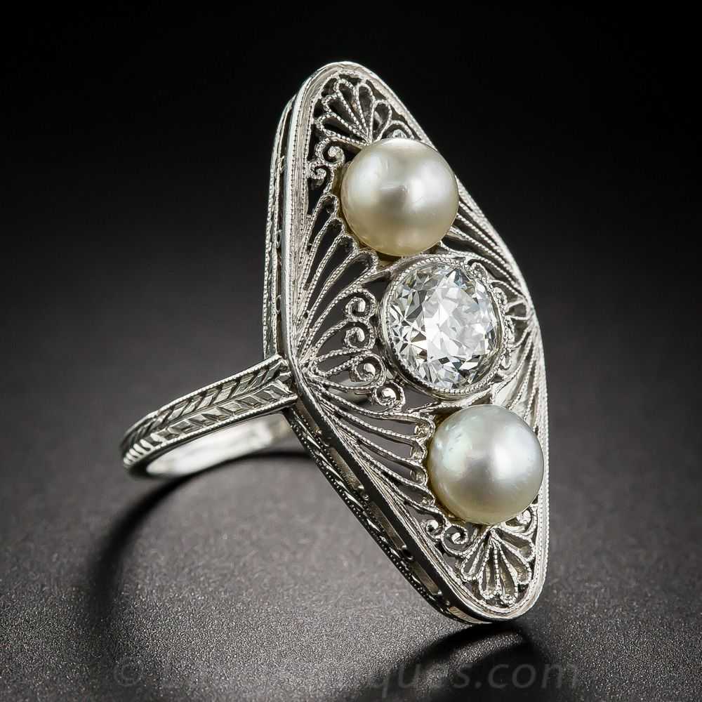 Edwardian Diamond and Natural Pearl Dinner Ring - image 2