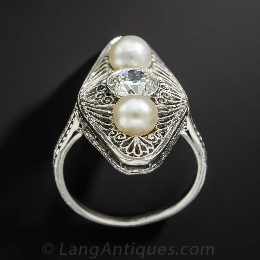 Edwardian Diamond and Natural Pearl Dinner Ring - image 4