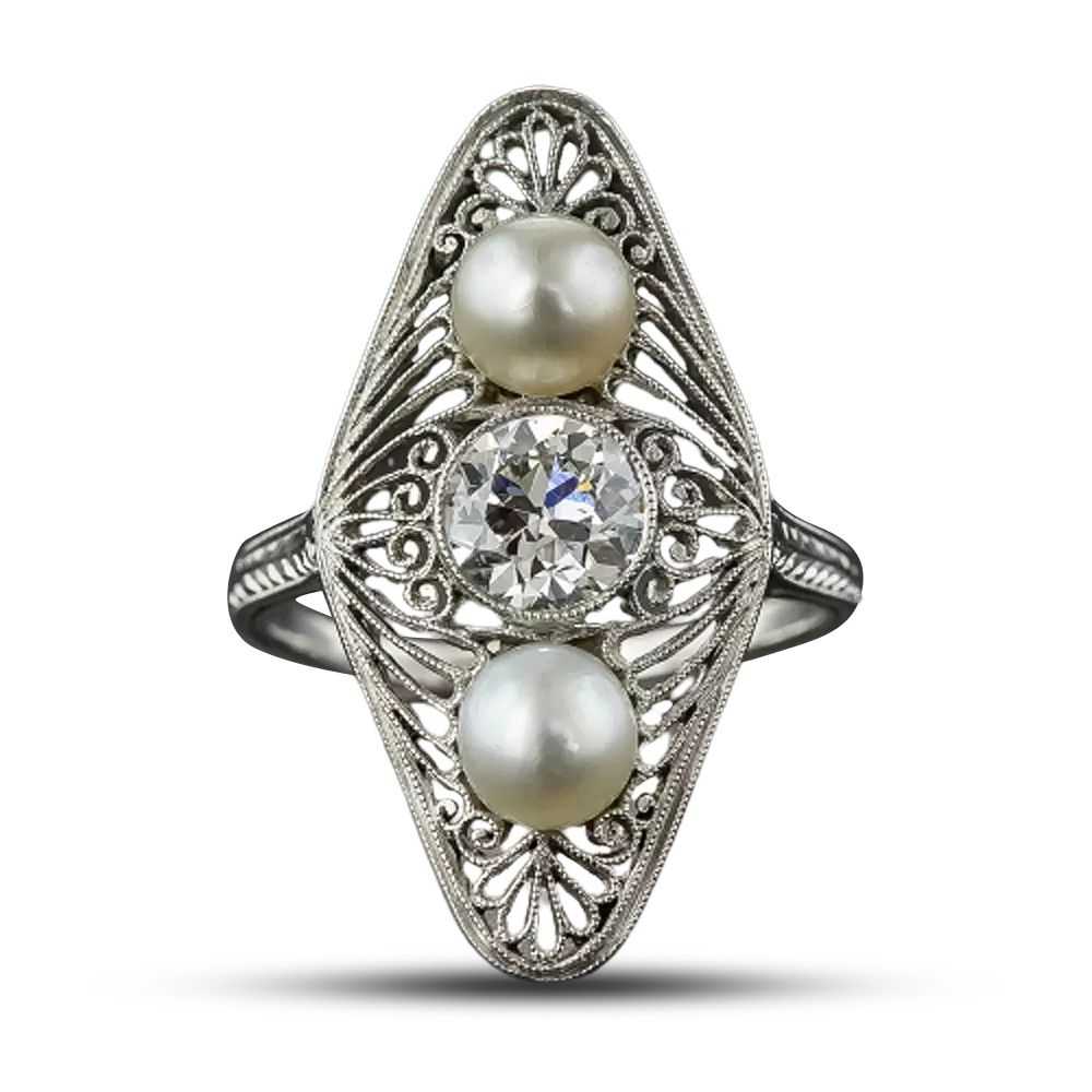 Edwardian Diamond and Natural Pearl Dinner Ring - image 5