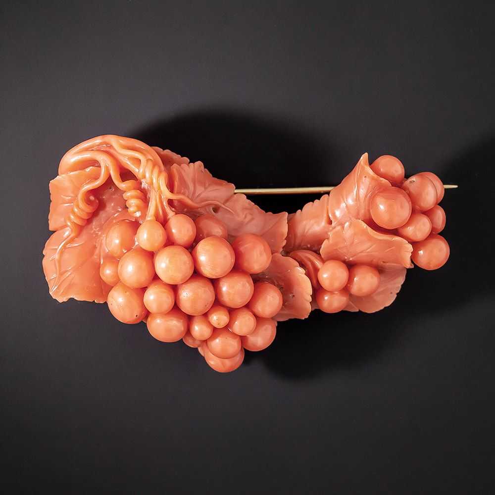Vintage Carved Coral Grape Cluster Brooch - image 1