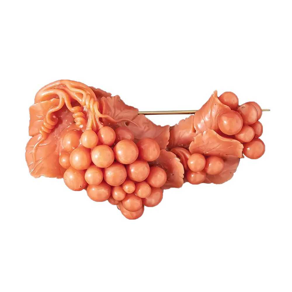 Vintage Carved Coral Grape Cluster Brooch - image 3