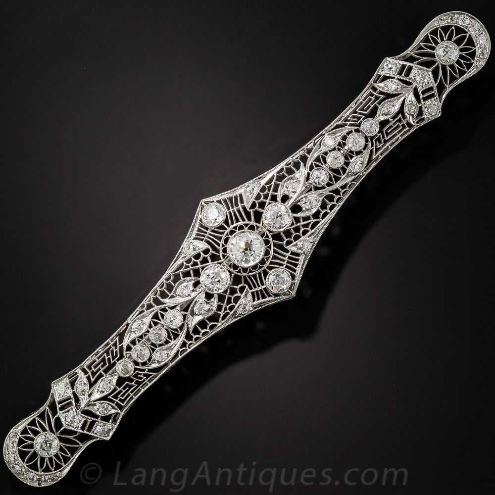 Large Art Deco Platinum and Diamond Bar Brooch - image 1