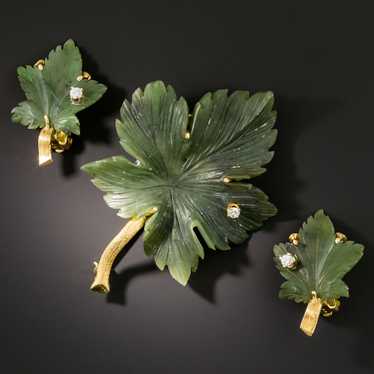 Mid-Century Nephrite Jade Leaf Earring and Brooch… - image 1
