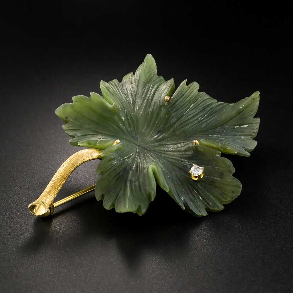 Mid-Century Nephrite Jade Leaf Earring and Brooch… - image 2