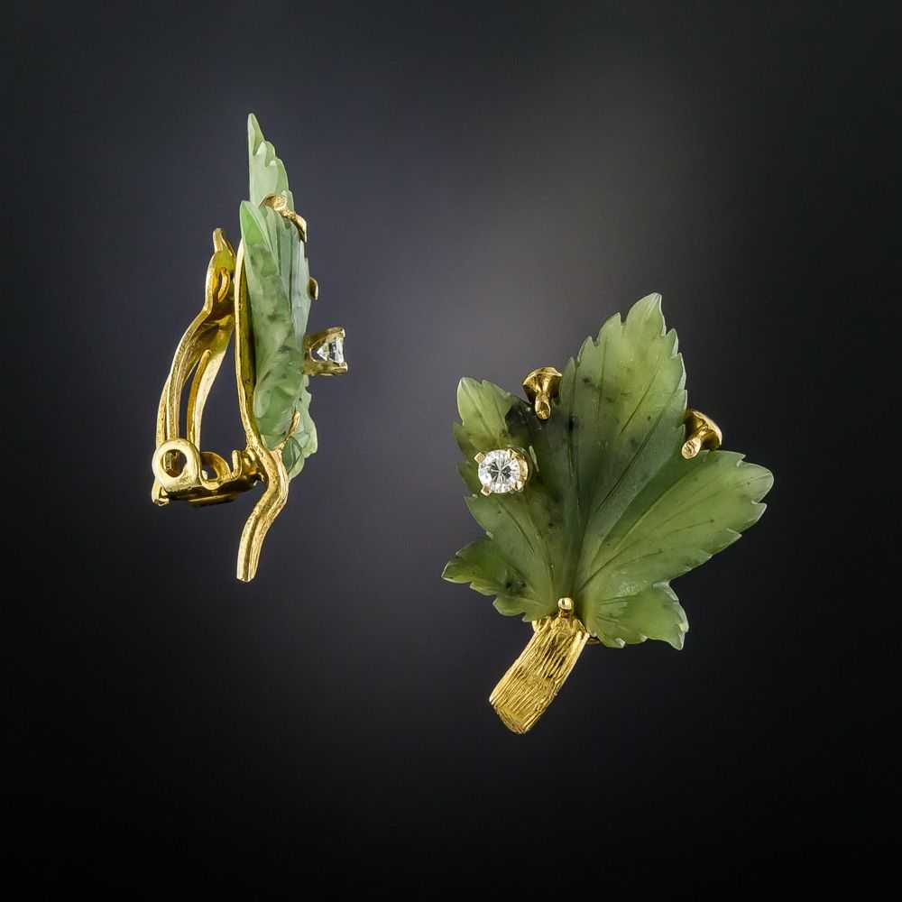 Mid-Century Nephrite Jade Leaf Earring and Brooch… - image 4