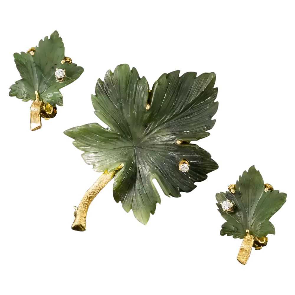 Mid-Century Nephrite Jade Leaf Earring and Brooch… - image 6