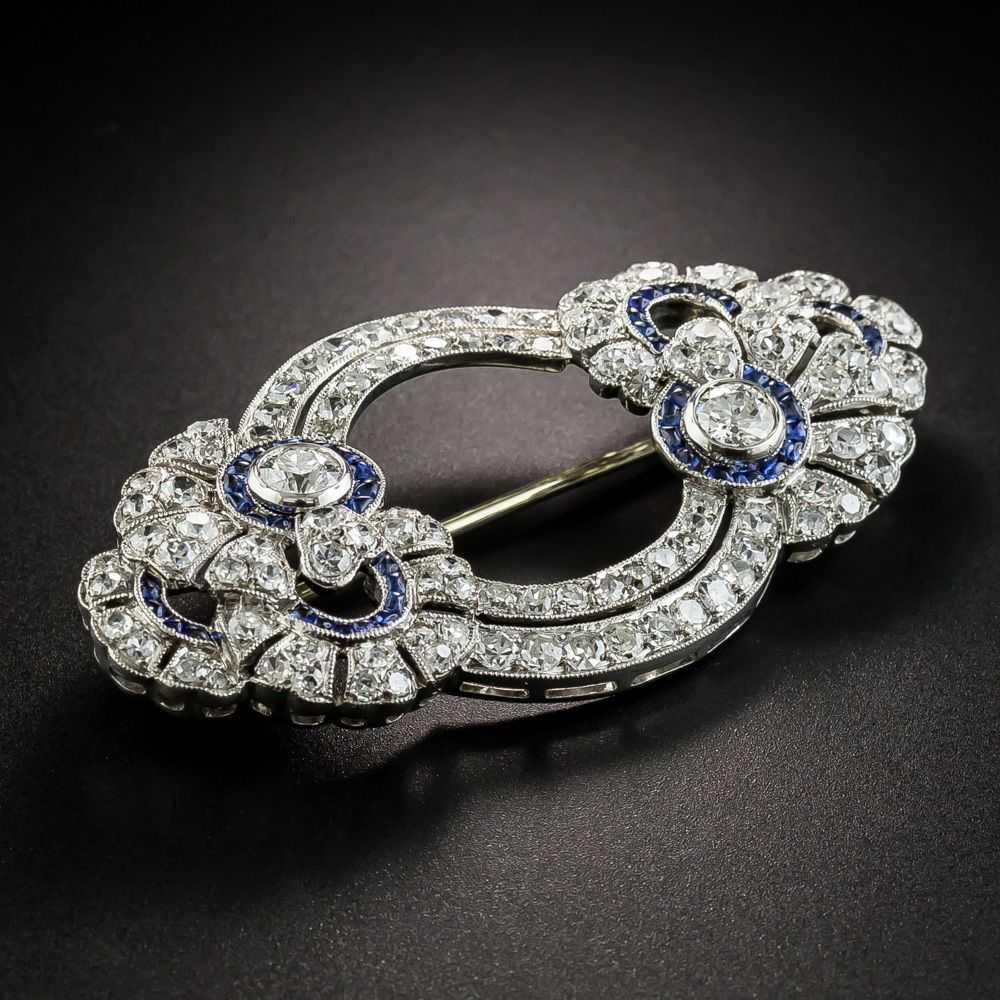 French Art Deco Diamond Sapphire Brooch - image 3