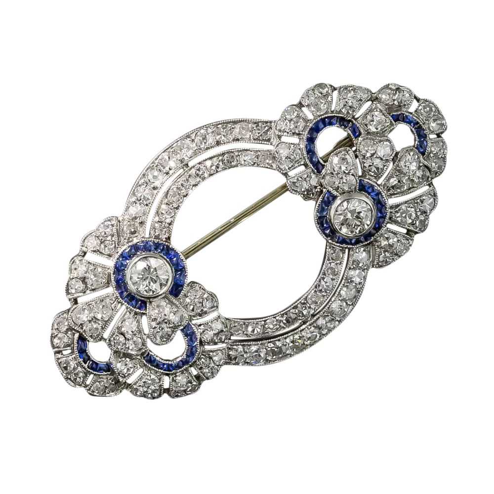 French Art Deco Diamond Sapphire Brooch - image 5