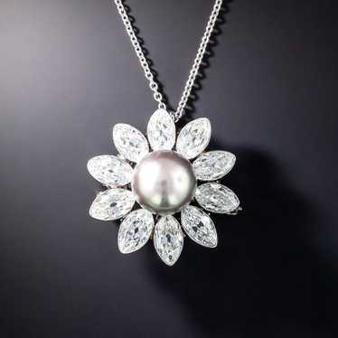Important Natural Pearl and Marquise Diamond Flow… - image 1