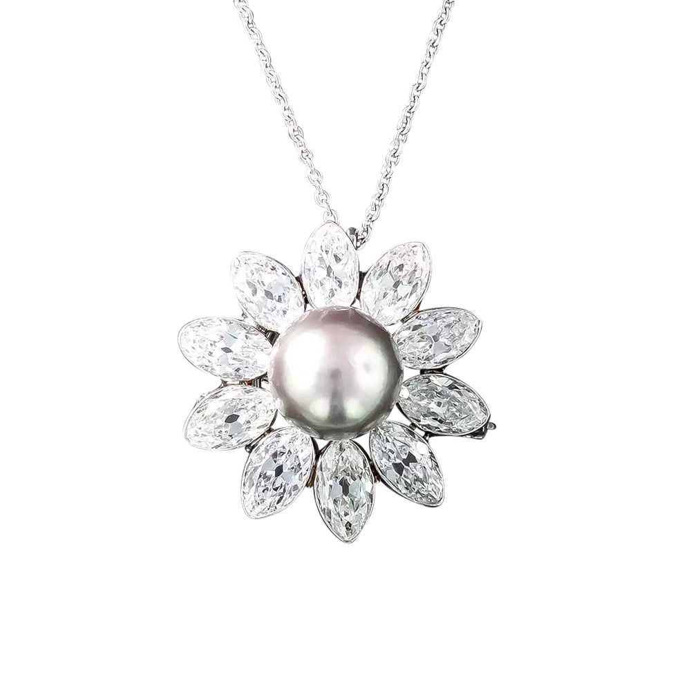 Important Natural Pearl and Marquise Diamond Flow… - image 3
