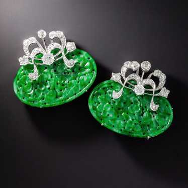 Vintage Carved Jade and Diamond Clips - image 1