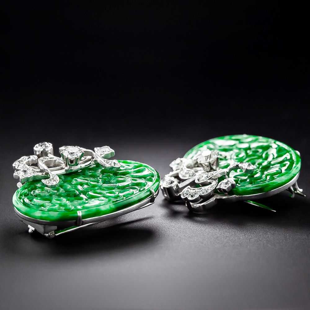 Vintage Carved Jade and Diamond Clips - image 2