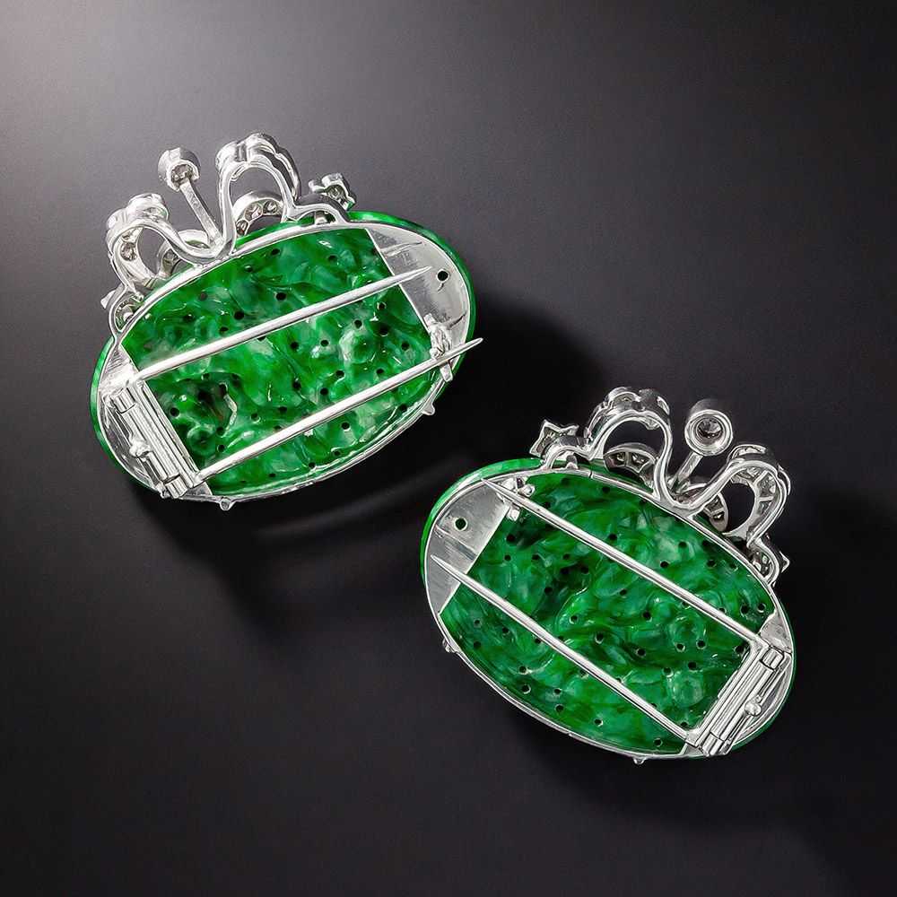 Vintage Carved Jade and Diamond Clips - image 3