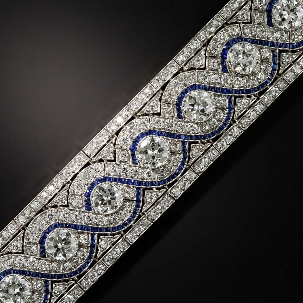 Wide Art Deco Platinum Diamond and Calibre Sapphi… - image 1