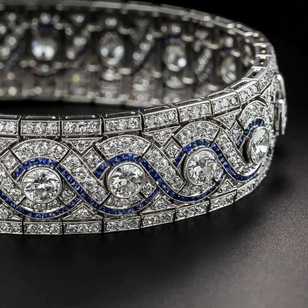 Wide Art Deco Platinum Diamond and Calibre Sapphi… - image 3