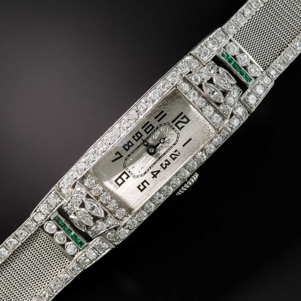 Art Deco Diamond Emerald Platinum Mesh Bracelet W… - image 1