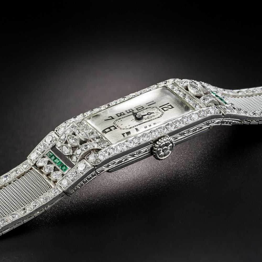 Art Deco Diamond Emerald Platinum Mesh Bracelet W… - image 3