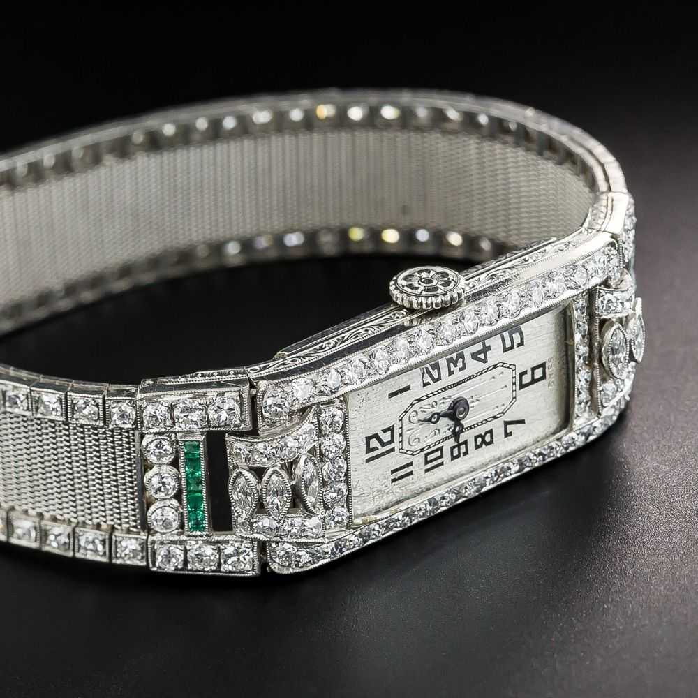 Art Deco Diamond Emerald Platinum Mesh Bracelet W… - image 5
