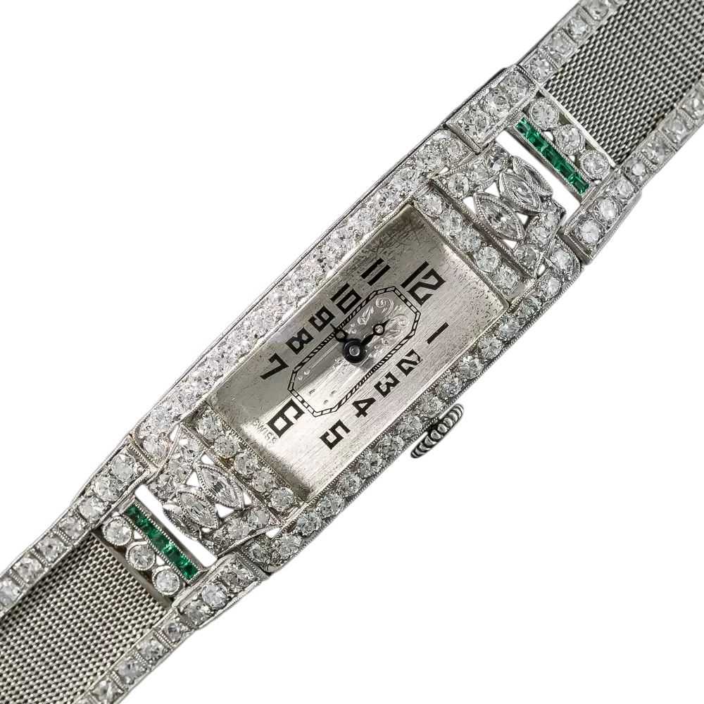 Art Deco Diamond Emerald Platinum Mesh Bracelet W… - image 6