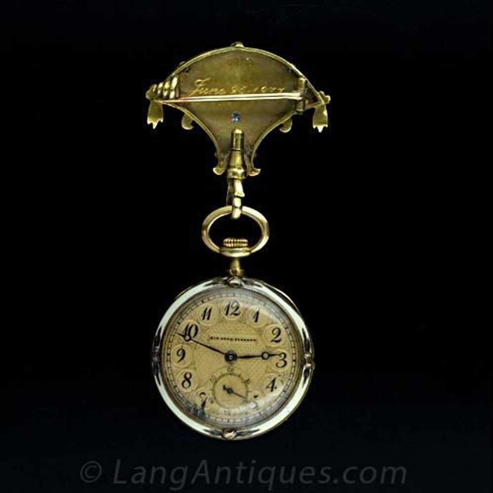 Art Nouveau Enamel and Diamond Lapel Watch - image 2