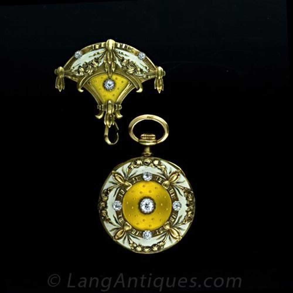 Art Nouveau Enamel and Diamond Lapel Watch - image 4