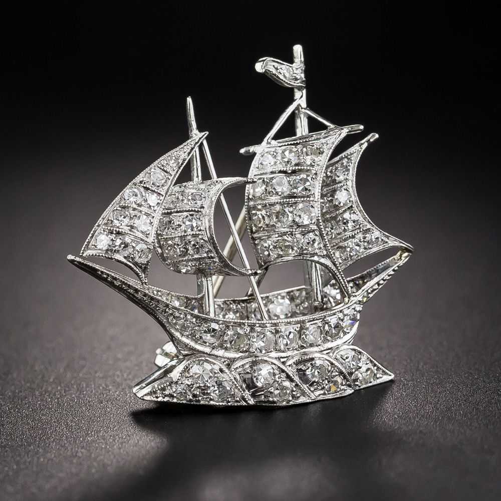 Art Deco Platinum and Diamond Schooner Brooch - image 2