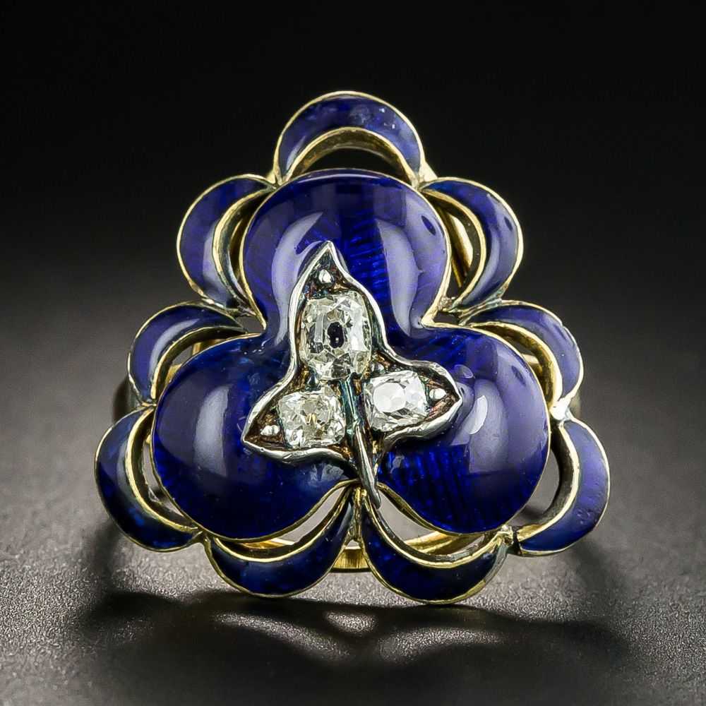 Victorian Diamond and Blue Enamel Clover Ring - image 1