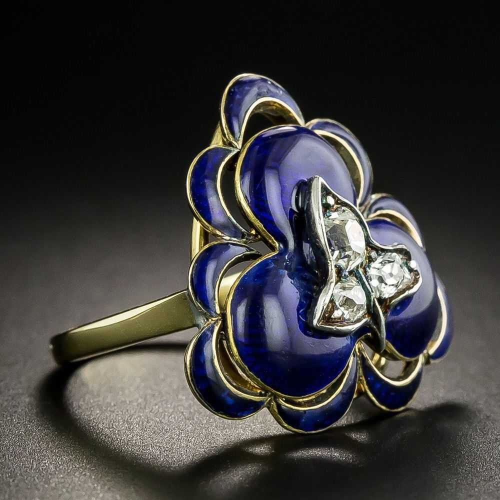 Victorian Diamond and Blue Enamel Clover Ring - image 2