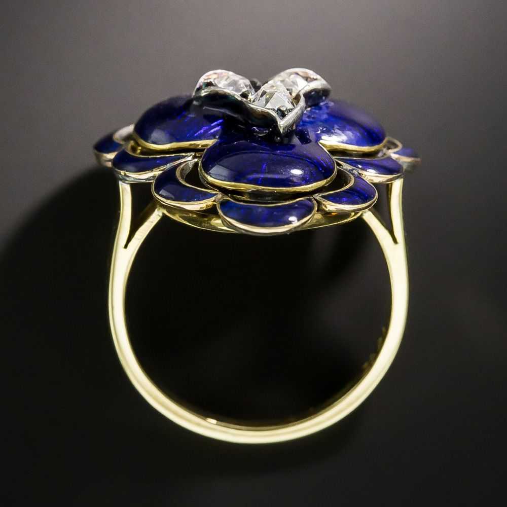 Victorian Diamond and Blue Enamel Clover Ring - image 4
