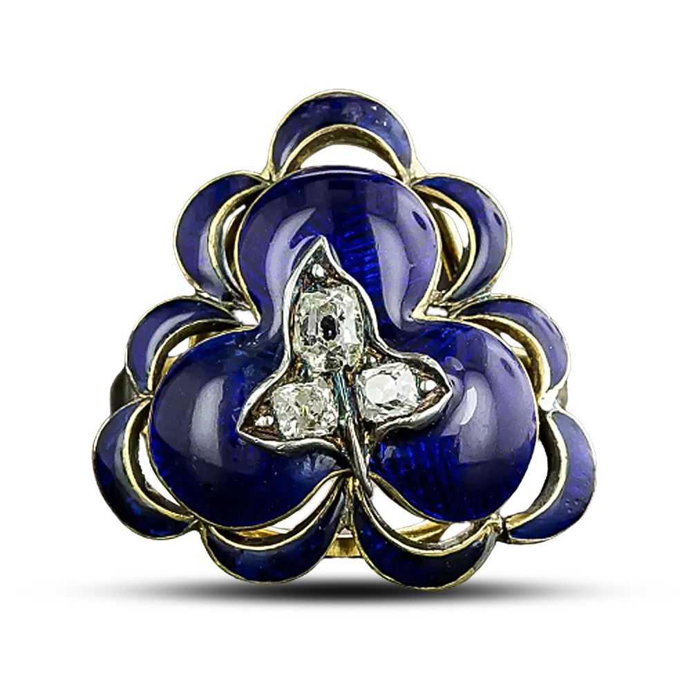 Victorian Diamond and Blue Enamel Clover Ring - image 5
