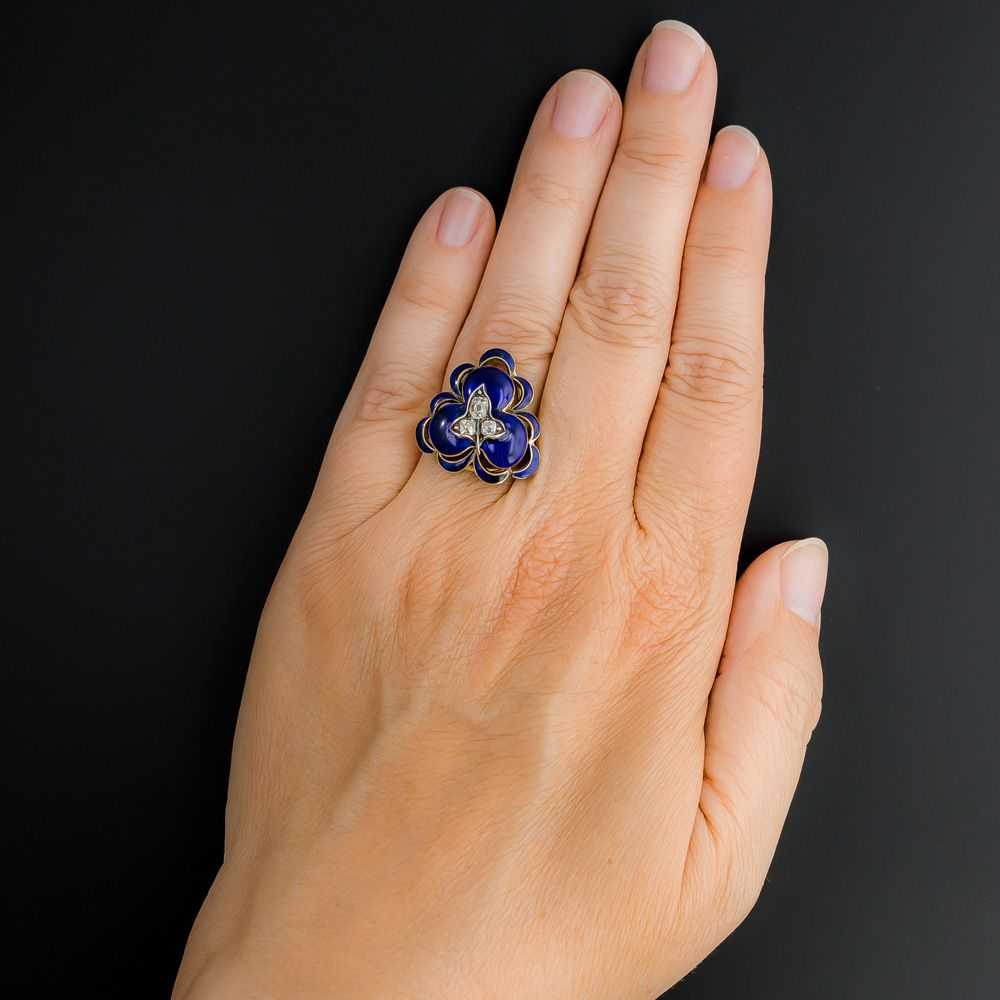 Victorian Diamond and Blue Enamel Clover Ring - image 6