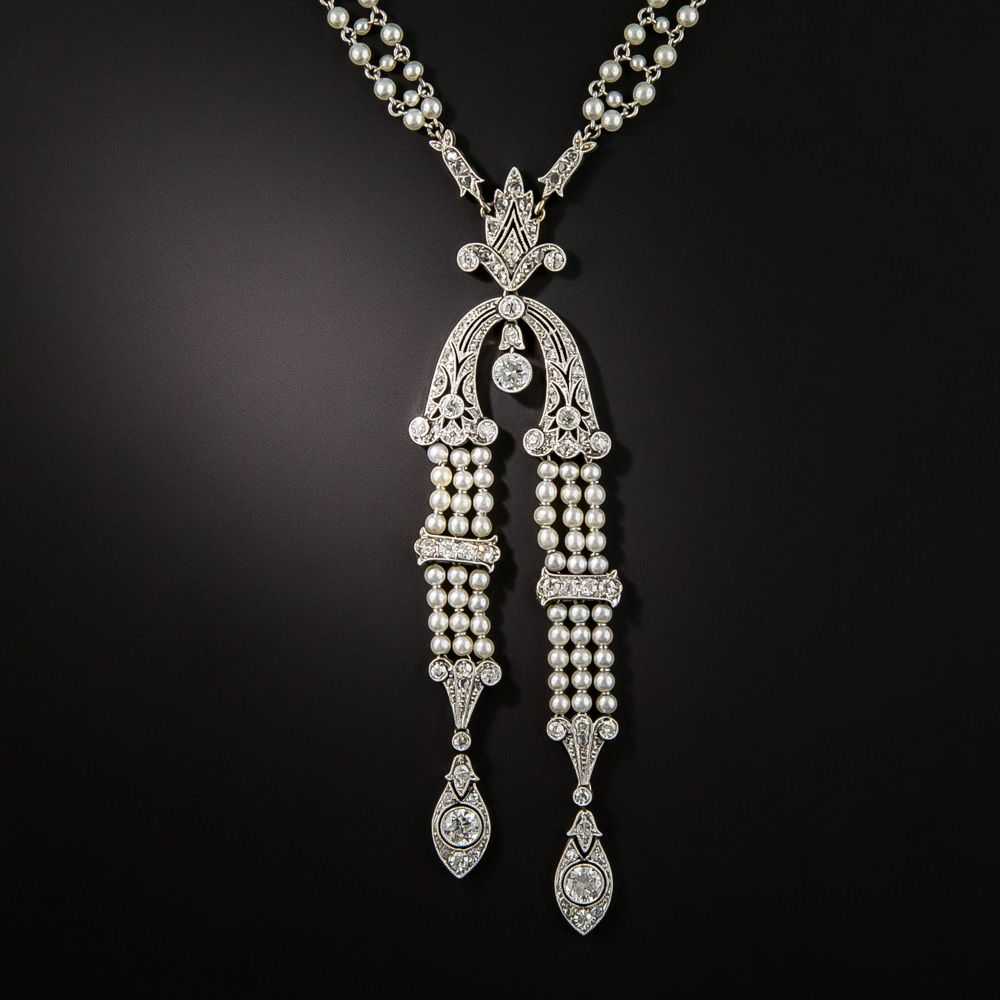 Edwardian Natural Pearl Diamond Platinum Sautoir … - image 1