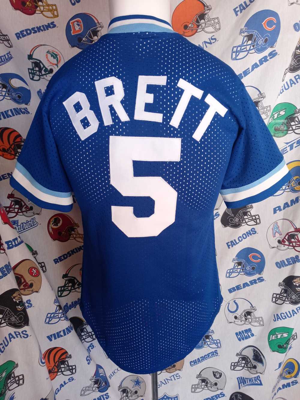 Kansas City Royals Vintage 90s Mirage Baseball Jersey - George Brett - Number #5 - White & Blue MLB Uniform Shirt - Size 2XL 