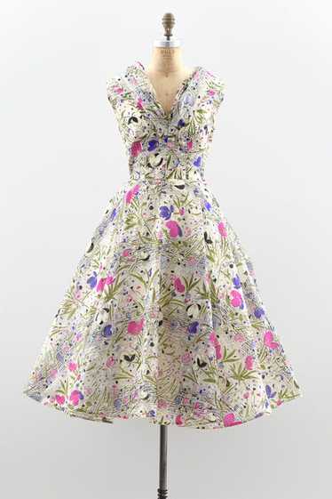 1950s Garden Floral Print Dress / S