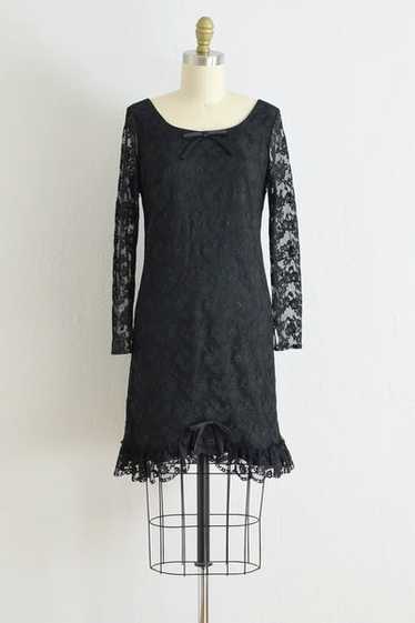 60s Black Lace Party Dress / S