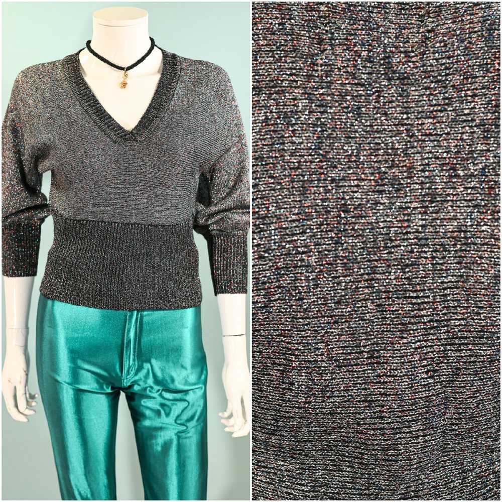 Vintage 70s Metallic Sparkle Sweater Batwing Slee… - image 2
