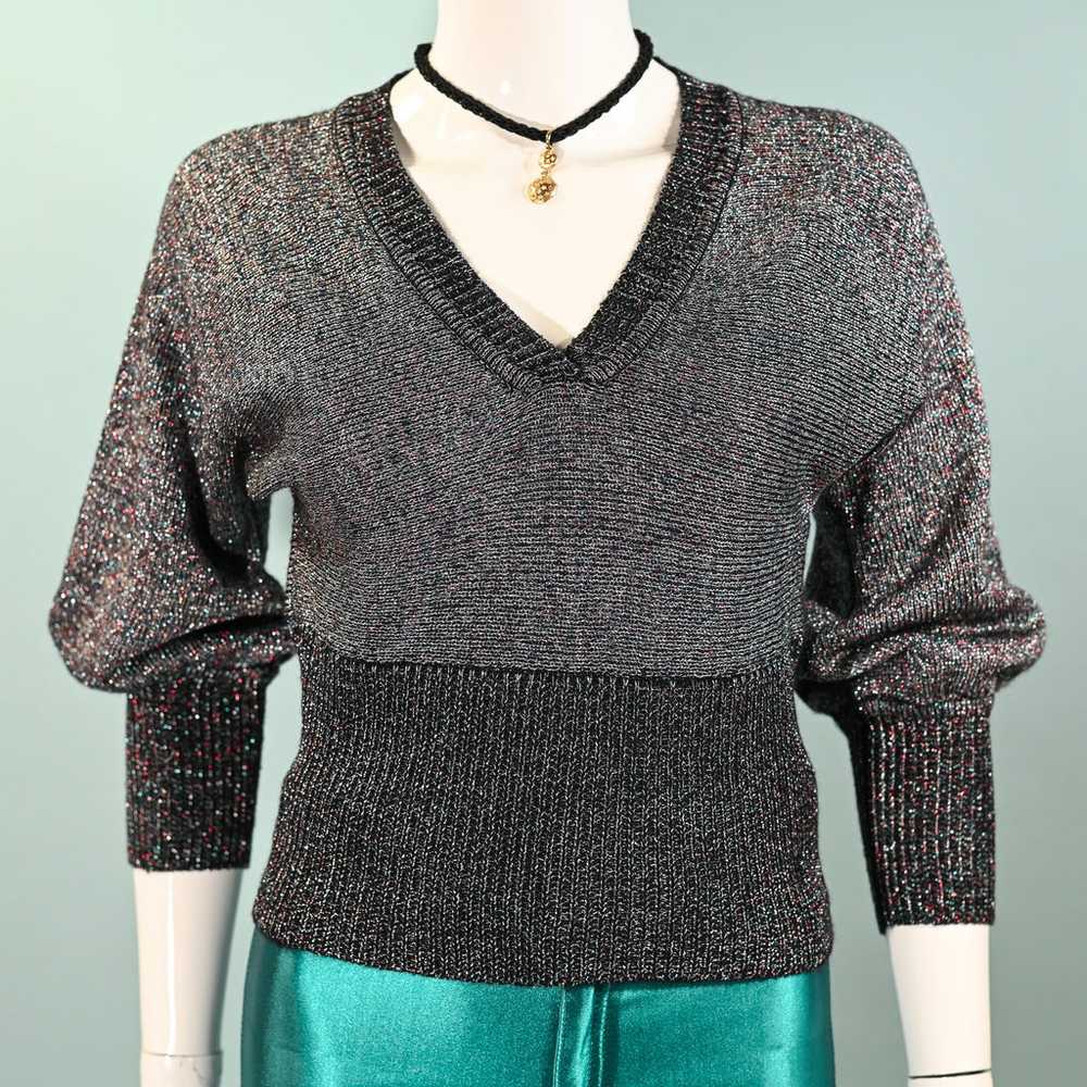 Vintage 70s Metallic Sparkle Sweater Batwing Slee… - image 3