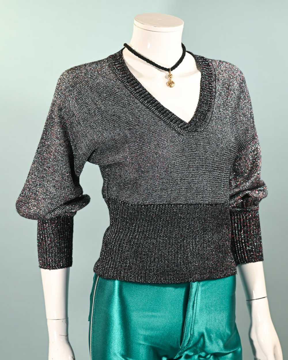 Vintage 70s Metallic Sparkle Sweater Batwing Slee… - image 4