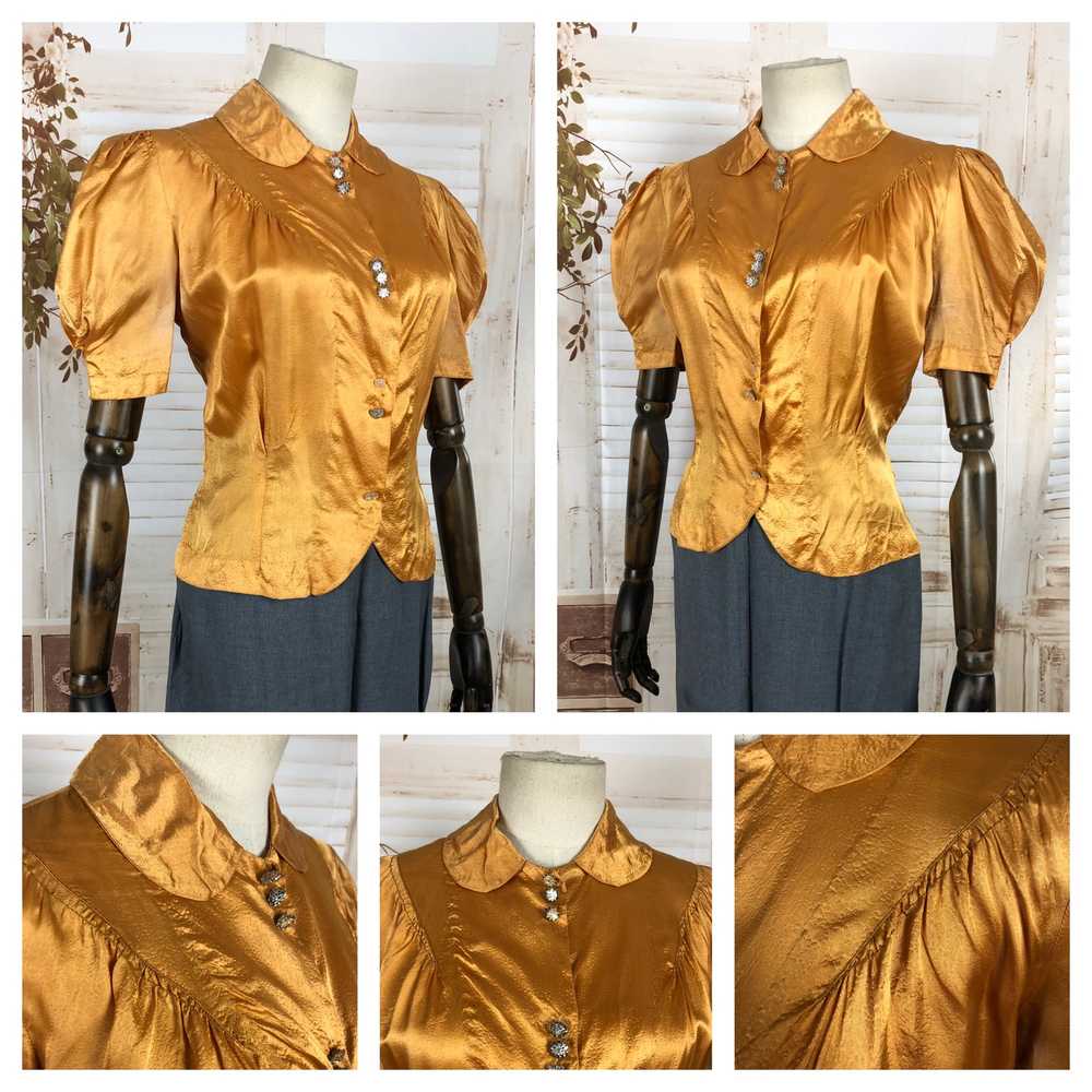 Original Vintage 1930s 30s Satin Gold Blouse With… - image 1