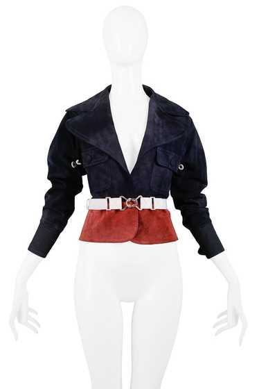 GIANFRANCO FERRE NAVY & BURGUNDY SUEDE BELTED JACK