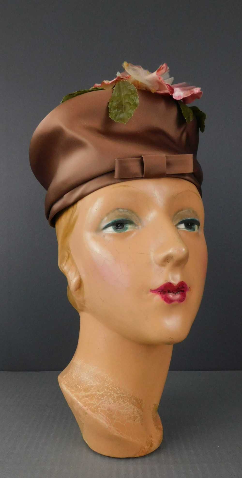 Vintage Floral Satin Hat, 1960s Light Brown with … - image 1